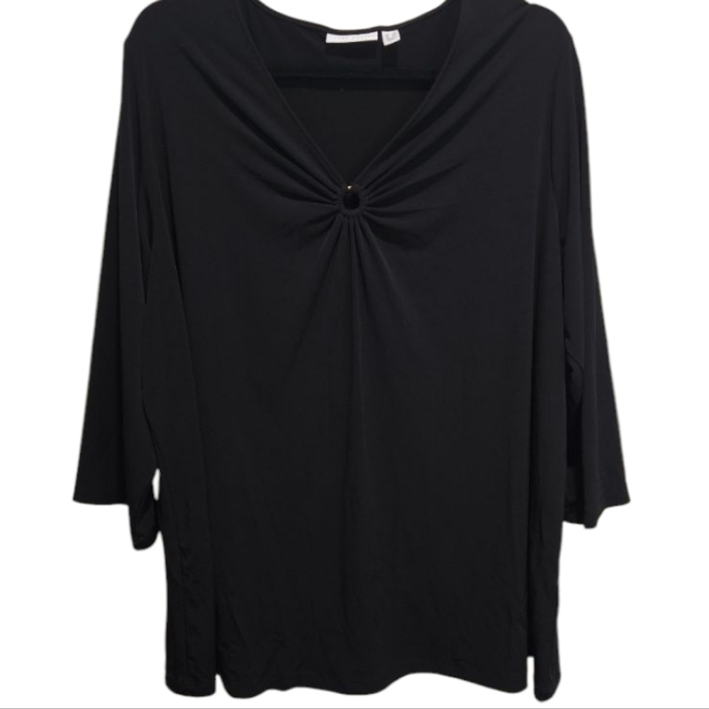 Susan Graver Women's 2X Black Top Ring Gathered V Neck Elbow Sleeve Liquid Knit